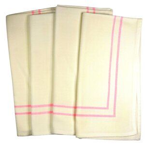 Set of 4 Mid-Century Formal Dinner Napkins, White with Pink Double Border